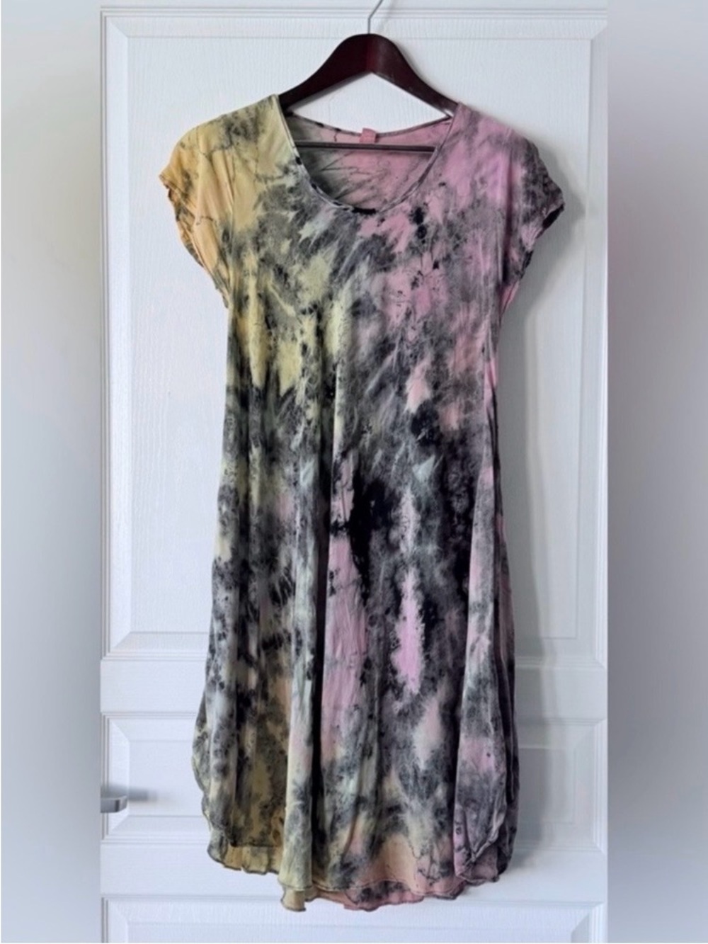 Tie-Dye Short Sleeve Swing Dress - Pink, Yellow & Black